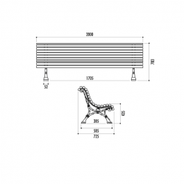 Banc urbain Romantico simple, Lames en bois exotique traité avec protecteur fongicide, 2000cm