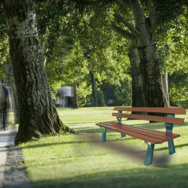 Banc urbain chicago, 190cm, 6 lames en bois traité pin du nord verni coloris châtaignier, bois exotique verni