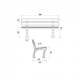 Banc urbain Dusseldorf, 180cm, 5 lames en pin du Nord, traité autoclave classe IV, certifié FSC,  milieu urbain ou rural