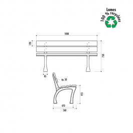 Banc urbain Glasgow, 180cm,5 lames en plastique recyclé teinté dans la masse, milieu urbain ou rural