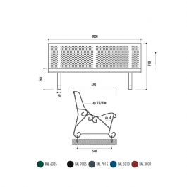 Banc urbain Santigo ,2 pieds 200cm, Métal, couleur en vert mousse, milieu urbain ou rural