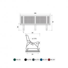 Banc Urbain Mexico 3 pieds, 200cm, en Métal, couleurs vert mousse