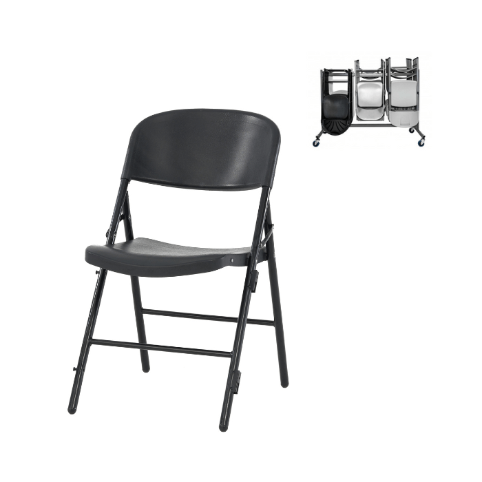 chaises jumbo pliante accrochable noir + chariot liam ,plastique, résistante, solide, polyéthylène HDPE pur, recyclable