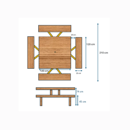 Table pique-nique carrée 210x210x74 cm, résistante, solide , éco-responsable Poids : 115 kg