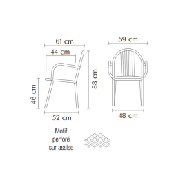 Fauteuil Eden en acier peint époxy antirouille. Design perforé, 14 coloris, livré monté. Idéal pour collectivités et espaces pub