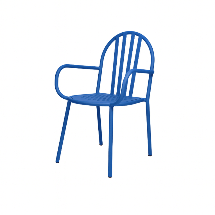 Fauteuil Eden en acier peint époxy antirouille. Design perforé, 14 coloris, livré monté. Idéal pour collectivités et espaces pub