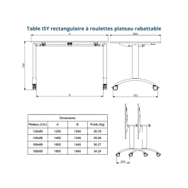 Table rabattable sur roulettes 160x80 cm stratifiée | ISY