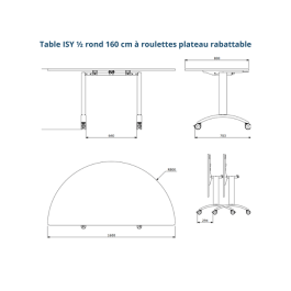 Table demi-ronde rabattable sur roulettes stratifiée Ø160 cm| ISY