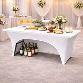 Housse de table stretch en polyester, ajustée et sans plis. Idéale pour buffets, salons et événements. Résistante, facile à inst