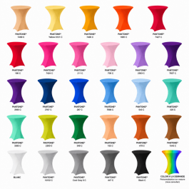 Housse mange-debout en lycra 210 gr, diamètre 60 cm, hauteur 110 cm. Stretch, résistante et infroissable, idéale pour événements