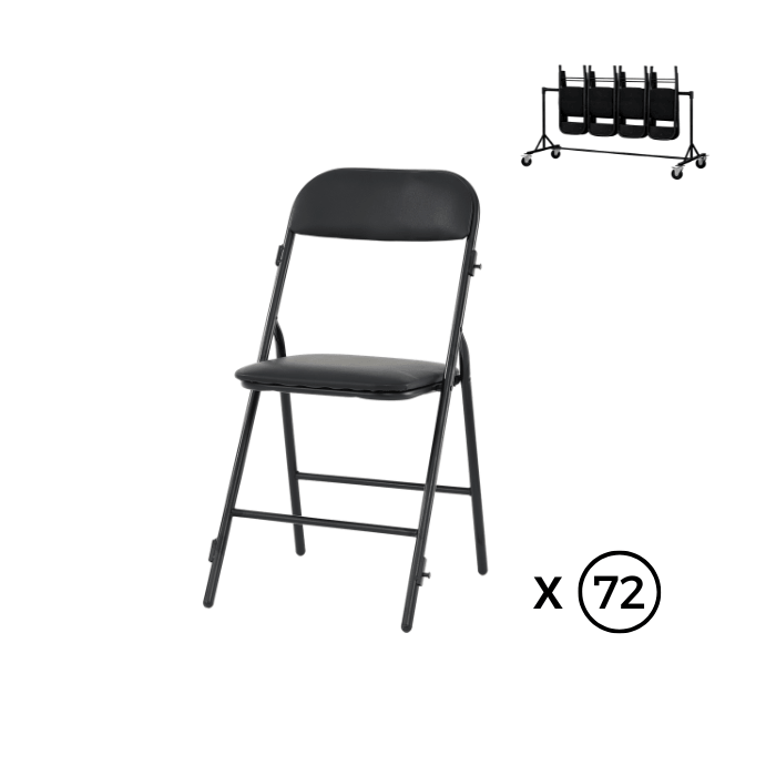 Lot de 36 Chaises pliantes Prestige simili cuir noir - piètement noir M1+chariot