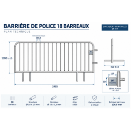 Barrières de Police 18 barreaux  , résistante, solide