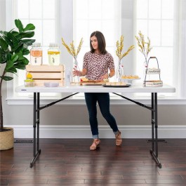 Table enfant pliante, beige 183x76cm hauteur ajustable, plastique, solide, polyéthylène HDPE pur, recyclable, table 6 personnes