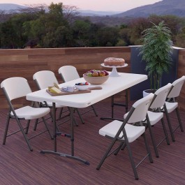 Table enfant pliante, beige 183x76cm hauteur ajustable, plastique, solide, polyéthylène HDPE pur, recyclable, table 6 personnes