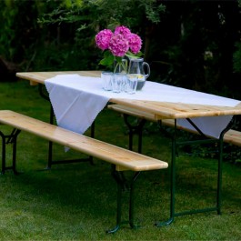 Ensemble brasserie 220x80 cm, table extérieure avec sièges, en pin massif certifié, table de bistrot avec renforts d'angle.