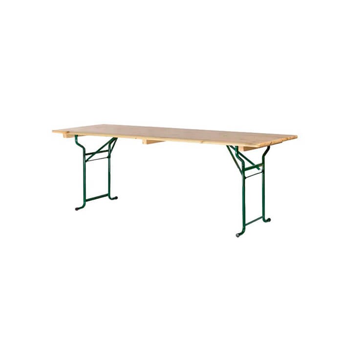 Table brasserie 220x70cm, table extérieure avec sièges, en pin massif certifié, table de bistrot avec renforts d'angle.