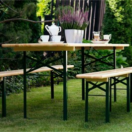 Table brasserie 200x80cm, table extérieure avec sièges, en pin massif certifié, table de bistrot avec renforts d'angle.